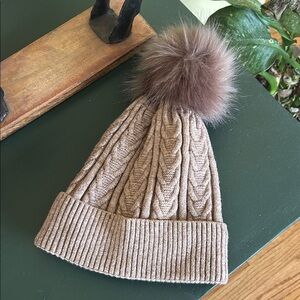 Cozy Tan Cable Knit Pom-Pom Beanie with Sherpa Lining
